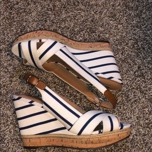 Never worn blue and white stripe wedges